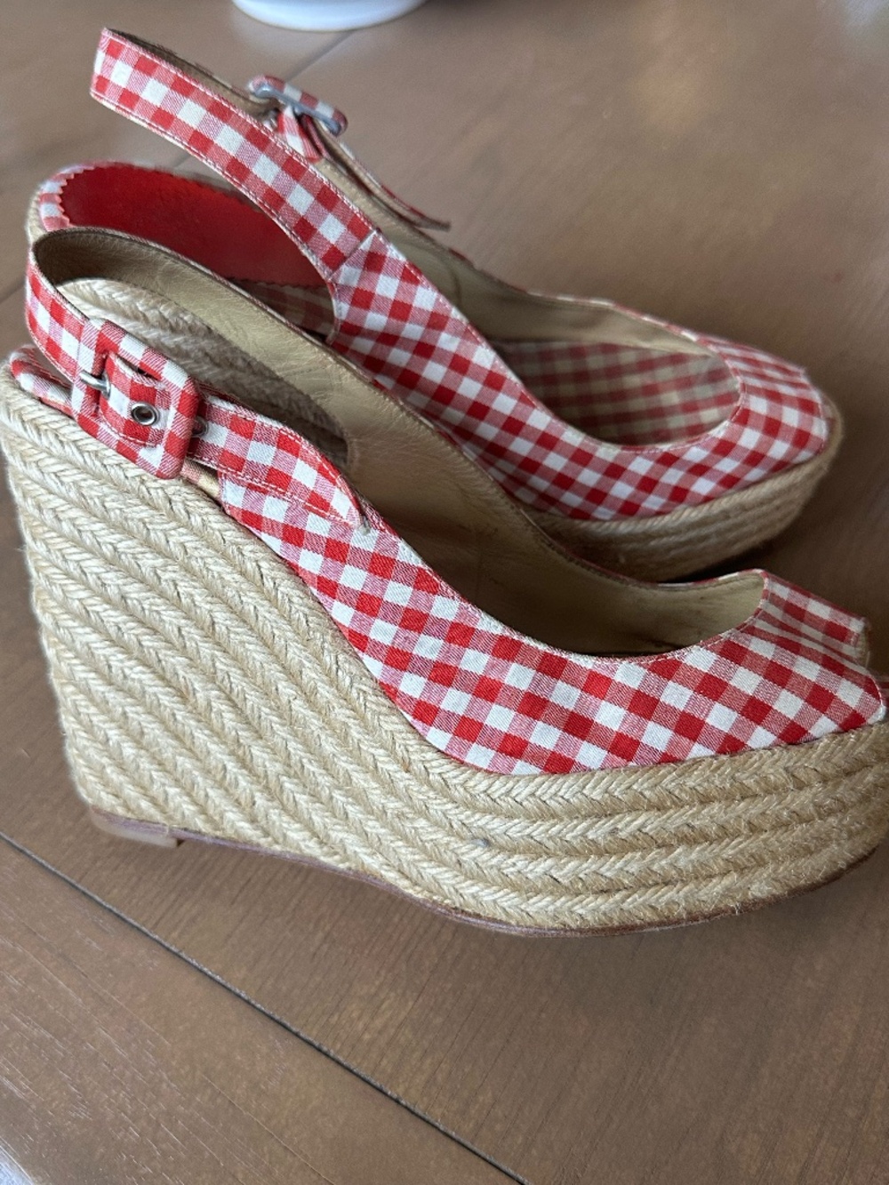 Christian Louboutin Red/White Gingham Fabric Wedge Pumps size 39